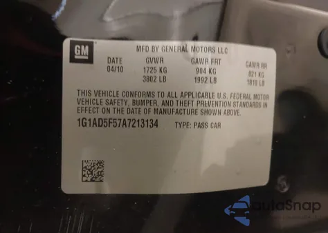 2010 Chevrolet Cobalt Lt из США, поврежденный, VIN 1G1AD5F57A7213134